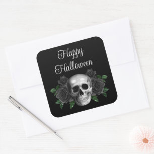 Zwarte Gotische Bloemrijke Schedel Halloween Vierkante Sticker