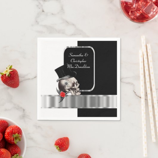 Zwarte gotische bruidegom schedel bruiloft servet (Insitu)