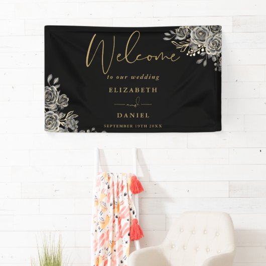 Zwarte gotische en gouden bloemige huwelijksbegroe spandoek (Insitu)