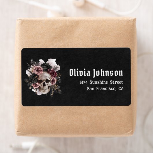 Zwarte Gotische Halloween Bloemenschedel Bruidsdou Etiket (Insitu)