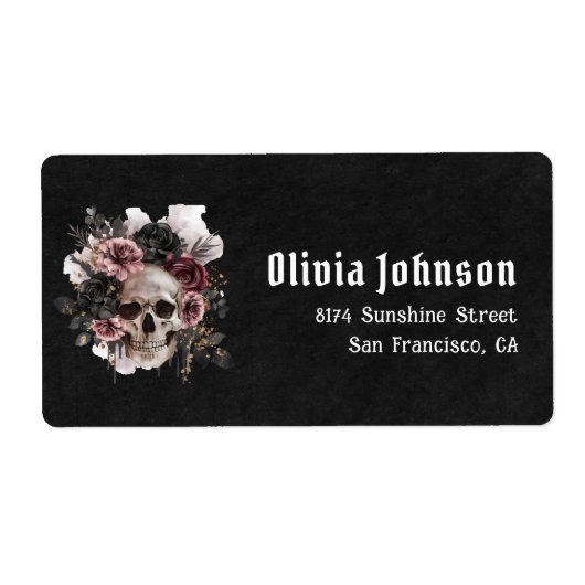 Zwarte Gotische Halloween Bloemenschedel Bruidsdou Etiket (Voorkant)