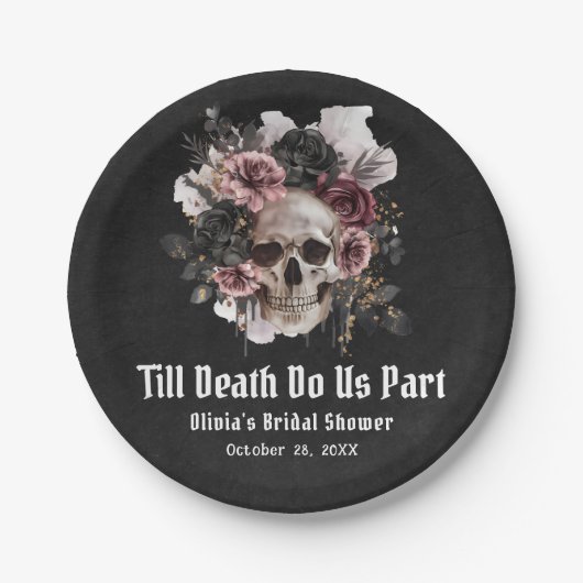 Zwarte Gotische Halloween Floral Skull Vrijgezelle Papieren Bordje (Voorkant)