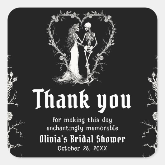 Zwarte Gotische Halloween Skelet Bruidsdouche Vierkante Sticker (Voorkant)