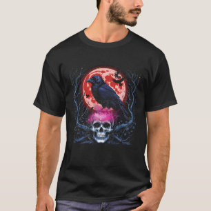 Zwarte Gotische Raven Schedel Rode Maan Horror Cro T-shirt