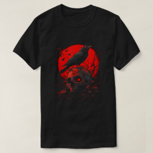 Zwarte Gotische Raven Schedel Rode Maan Kraai T-shirt
