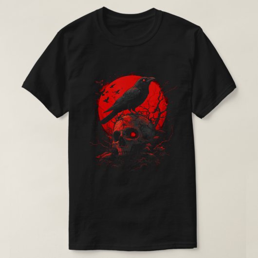 Zwarte Gotische Raven Schedel Rode Maan Kraai T-shirt (Design voorkant)