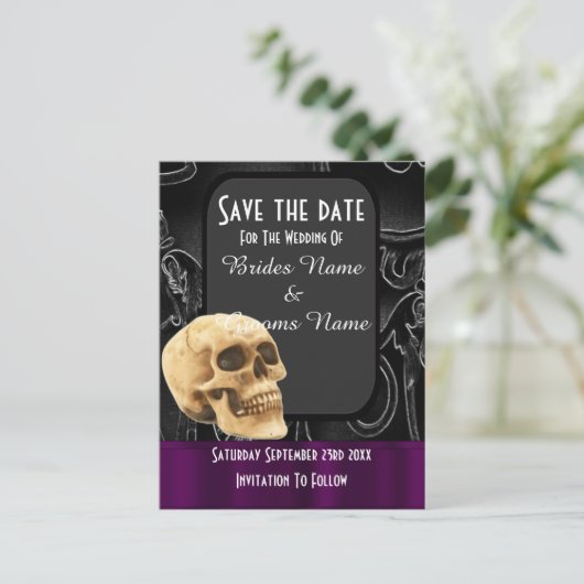 Zwarte gotische schedel bewaar de datum aankondigingskaart (Staand voorkant)