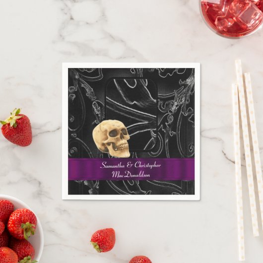 Zwarte gotische schedel bruiloft damast patroon servetten (Insitu)