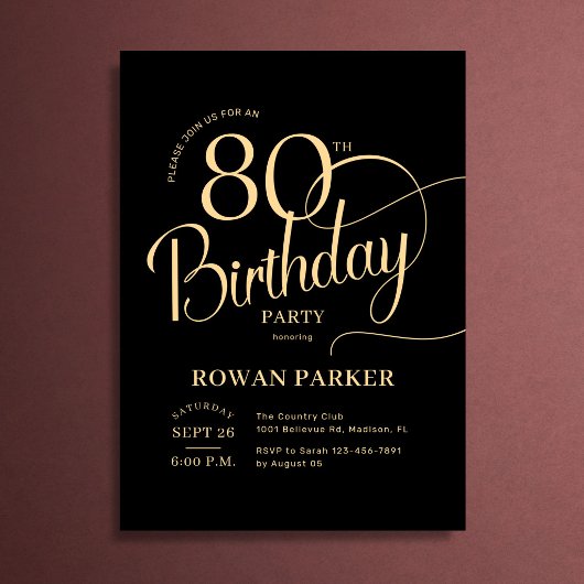 Zwarte Goud 80ste Verjaardag Elegante Script Kaart