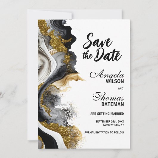 Zwarte Goud Agate Marmeren Trouw Save the Date (Voorkant)