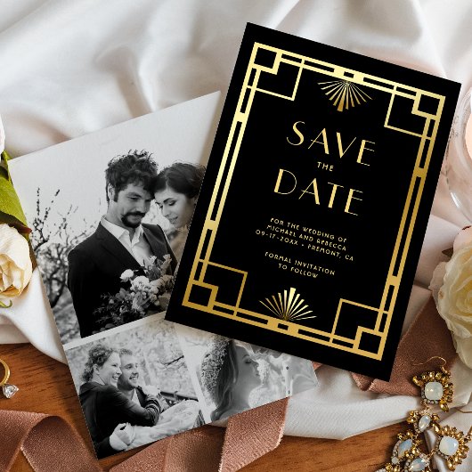 Zwarte Goud Art Deco Fotocollage Bruiloft Save The Date
