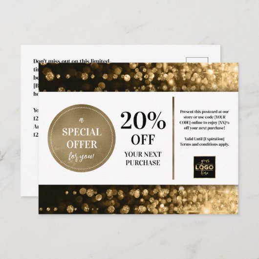 Zwarte Goud Bokeh Glitter Coupon Korting Briefkaart (Voorkant / Achterkant)