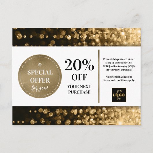 Zwarte Goud Bokeh Glitter Coupon Korting Briefkaart (Voorkant)