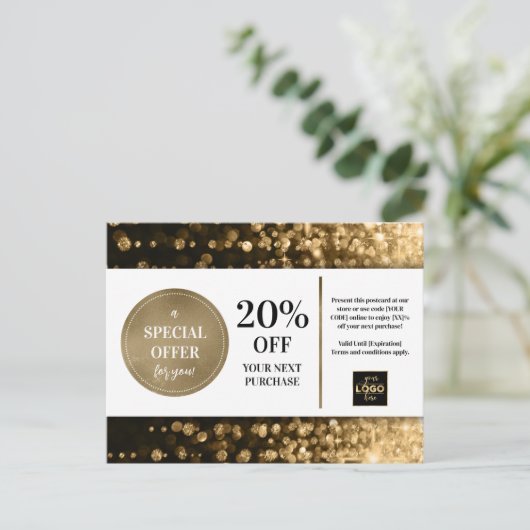 Zwarte Goud Bokeh Glitter Coupon Korting Briefkaart (Staand voorkant)
