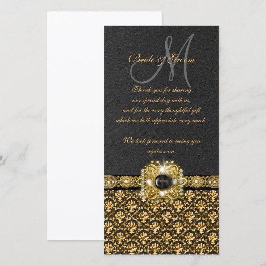 Zwarte goud damast "dank je wel" bedankkaart (Voorkant / Achterkant)