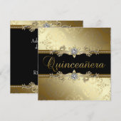 Zwarte Goud Damast Quinceanera Kaart (Voorkant / Achterkant)