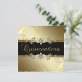 Zwarte Goud Damast Quinceanera Kaart (Staand voorkant)