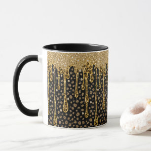 Zwarte Goud Druppelende Glitters Glam Bling Lux Mok