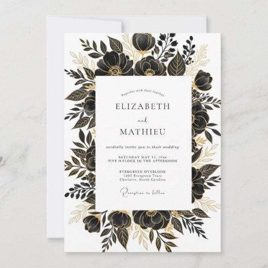 Zwarte Goud Glamoureuze Bloemen Bruiloft Kaart (Voorkant)