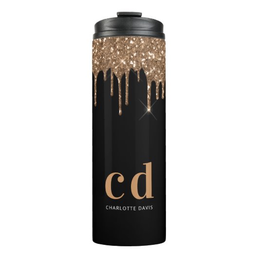 Zwarte goud glinster druppels monogram glans elega thermosbeker (Voorkant)