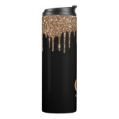 Zwarte goud glinster druppels monogram glans elega thermosbeker (Gedraaid links)