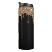 Zwarte goud glinster druppels monogram glans elega thermosbeker (Geroteerd rechts)