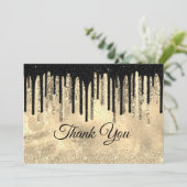Zwarte goud glinsterende druppels chic elegant bedankkaart (Staand voorkant)