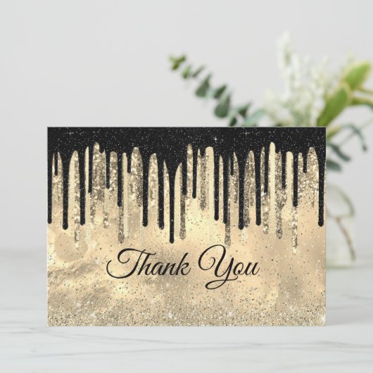 Zwarte goud glinsterende druppels chic elegant bedankkaart (Staand voorkant)