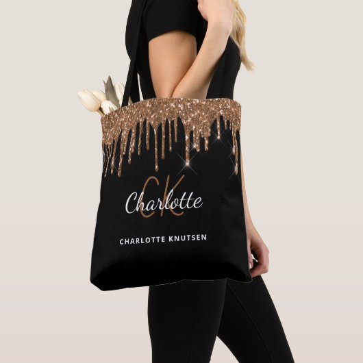 Zwarte goud glinsterende initiaal tote bag (Dichtbij)