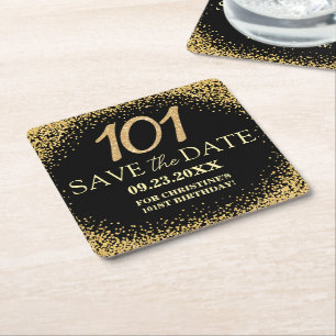 Zwarte Goud Glitter 101e Verjaardag Save the Date Kartonnen Onderzetters