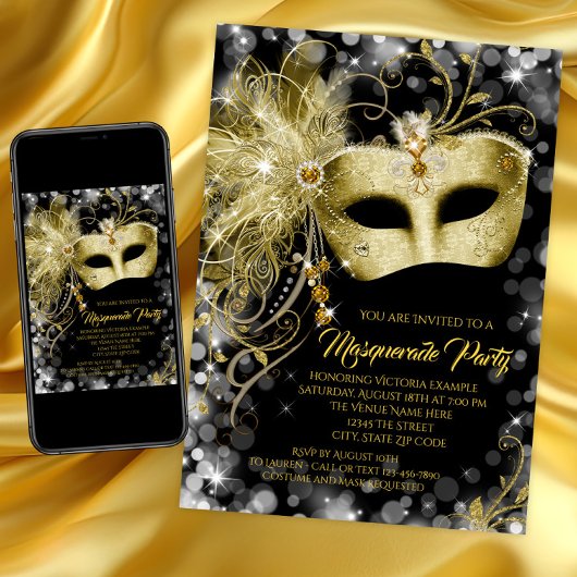 Zwarte Goud Glitter Maskerade Feest Kaart