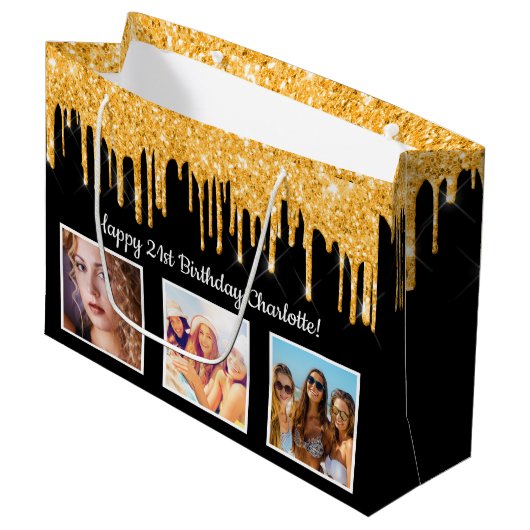 Zwarte goud glitters verjaardagsfoto naam groot cadeauzakje (Voorkant Gekanteld)