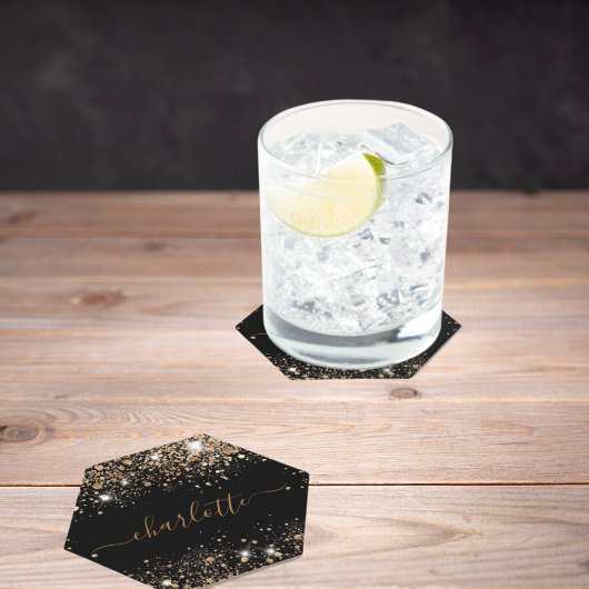 Zwarte goud glitterspoeder naam script kartonnen onderzetters