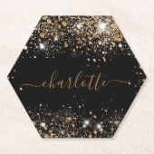Zwarte goud glitterspoeder naam script kartonnen onderzetters (Voorkant)