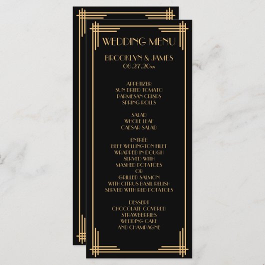 Zwarte Goud Grote Gatsby Art Deco Trouw Menukaart (Voorkant / Achterkant)