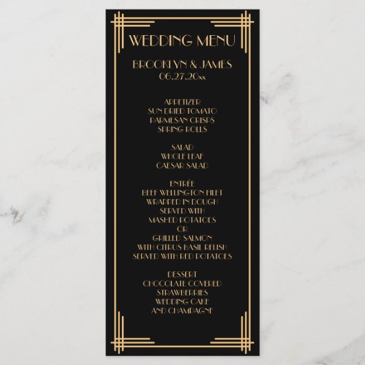 Zwarte Goud Grote Gatsby Art Deco Trouw Menukaart (Voorkant)