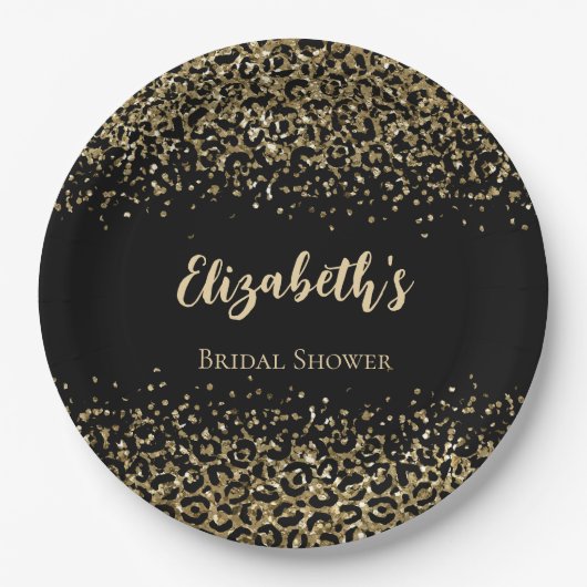 Zwarte Goud Luipaardprint Glitter Bruiloftsfeest Papieren Bordje (Voorkant)