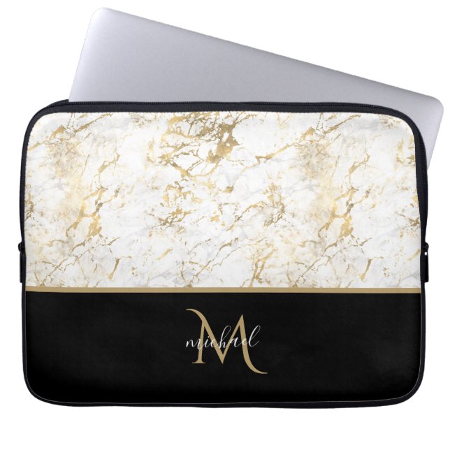 Zwarte Goud & Marmer Monogram Elegante Luxe   Laptop Sleeve (Voorkant)