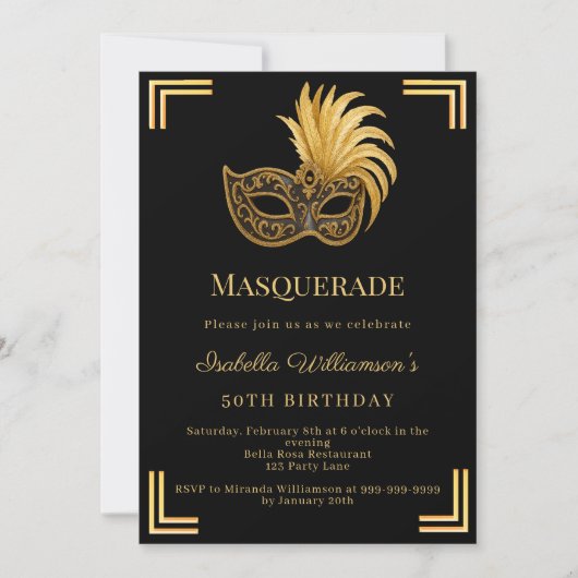 Zwarte goud Maskerade verjaardagsfeestje Kaart (Voorkant)
