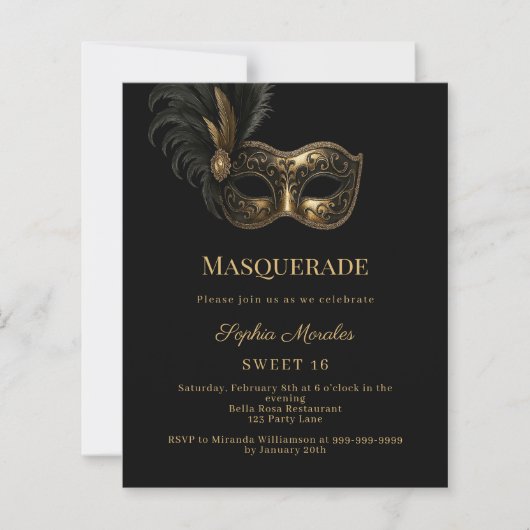 Zwarte goud Masquerade feest Sweet 16 uitnodiging (Voorkant)