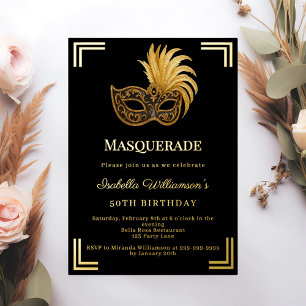 Zwarte goud Masquerade luxe verjaardagsfeestje Folie Uitnodiging