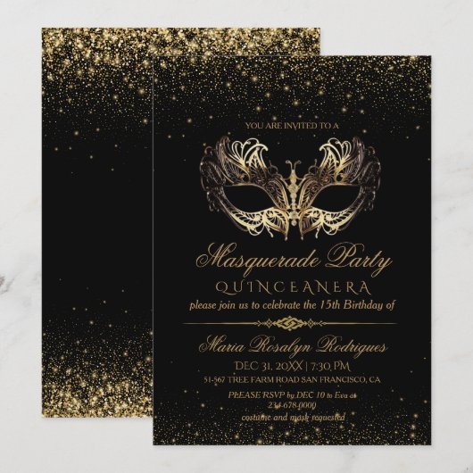 Zwarte Goud Masquerade Quinceanera  Kaart (Voorkant / Achterkant)