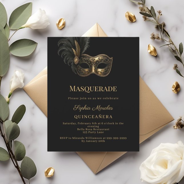 Zwarte goud Masquerade Quinceanera uitnodiging (Creator heeft geüpload)
