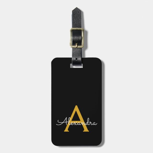 Zwarte Goud Meisjesachtig Script Monogram Naam Mod Bagagelabel (Voorkant verticaal)