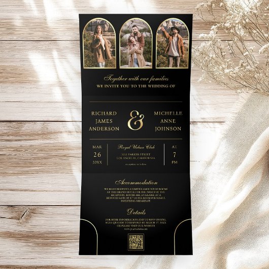 Zwarte Goud Minimal Arch Foto QR-code Trouwen Drieluik Uitnodiging
