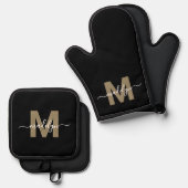 Zwarte Goud Moderne Naam Monogram Ovenwant & Pannenlap Set (Voorkant / Achterkant)
