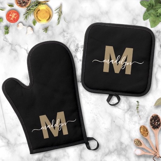 Zwarte Goud Moderne Naam Monogram Ovenwant & Pannenlap Set