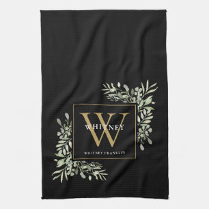 Zwarte Goud Monogram Groene Waterverf Bladeren Kit Theedoek