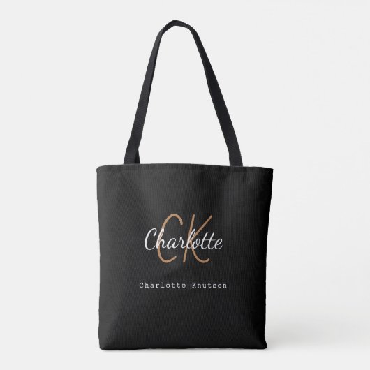 Zwarte goud monogram naam initiële script tote bag (Achterkant)