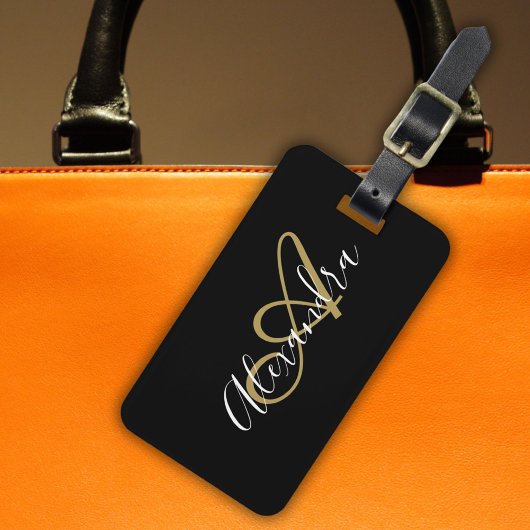 Zwarte Goud Monogram Script Naam Reizen Bagagelabel